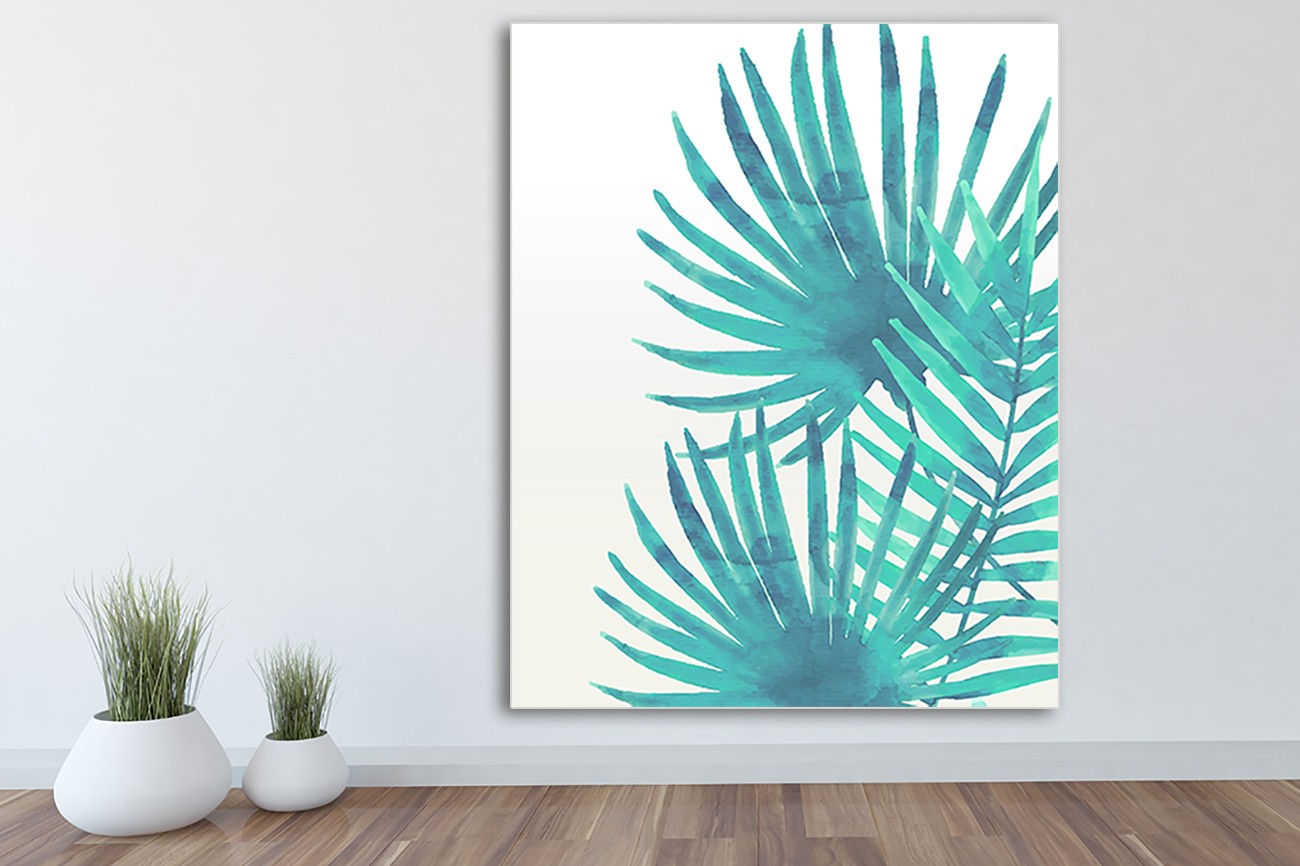 Schilderij met licht blauwe balmboombladeren aan de rechterkant van Kimberly Allen met als titel In the summer 2 op textieldoek.