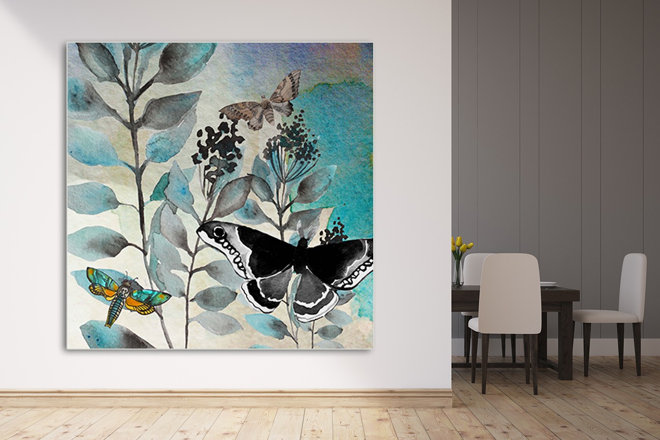 Schilderij met de kleuren wit, grijs en blauw en een prachtige vlinder die er mooi uitspringt van Boho Hue Studio met als titel Butterfly perspective 2 op textieldoek.